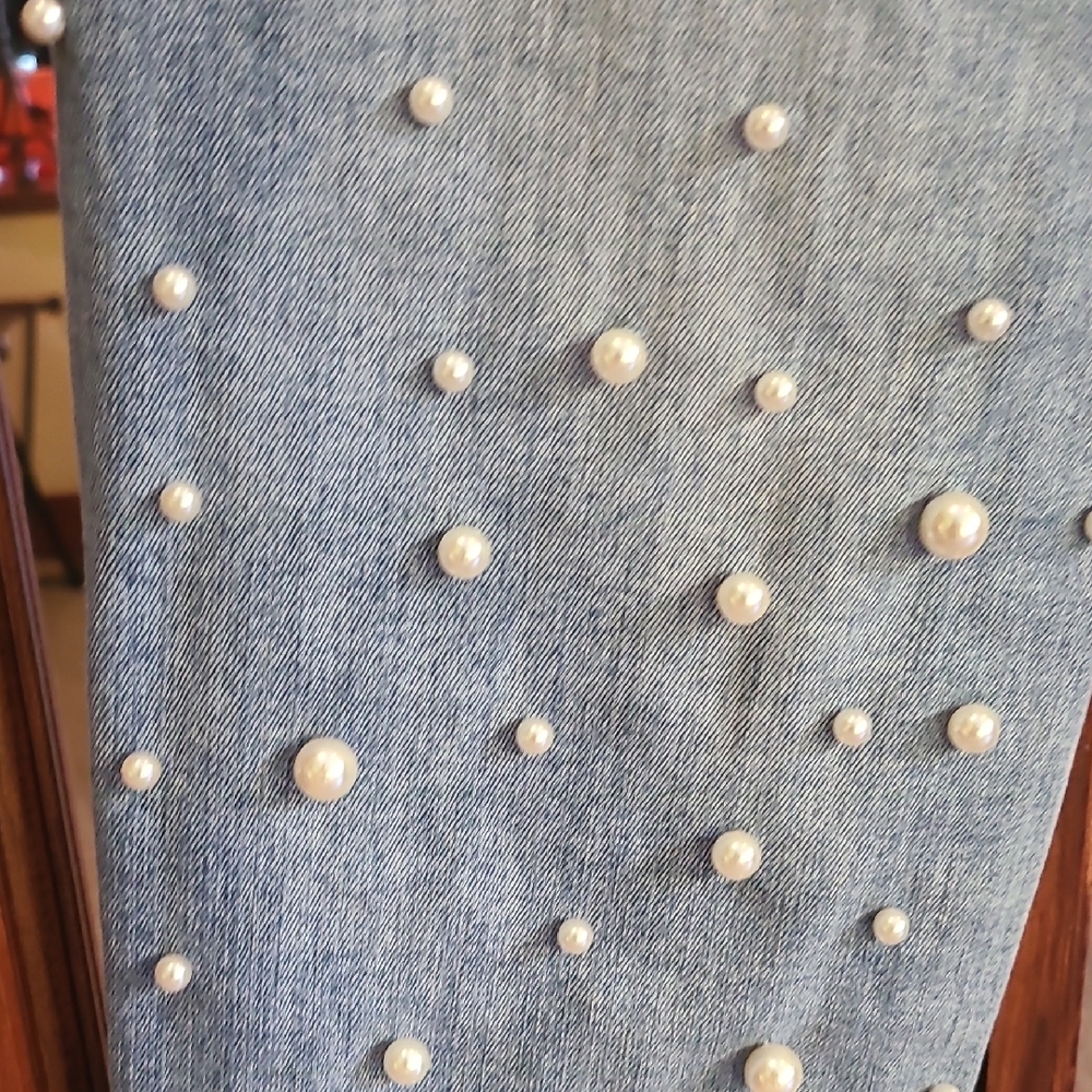 bebe Light Blue Straight Leg Jeans with Pearl Details - Picture 3 of 9